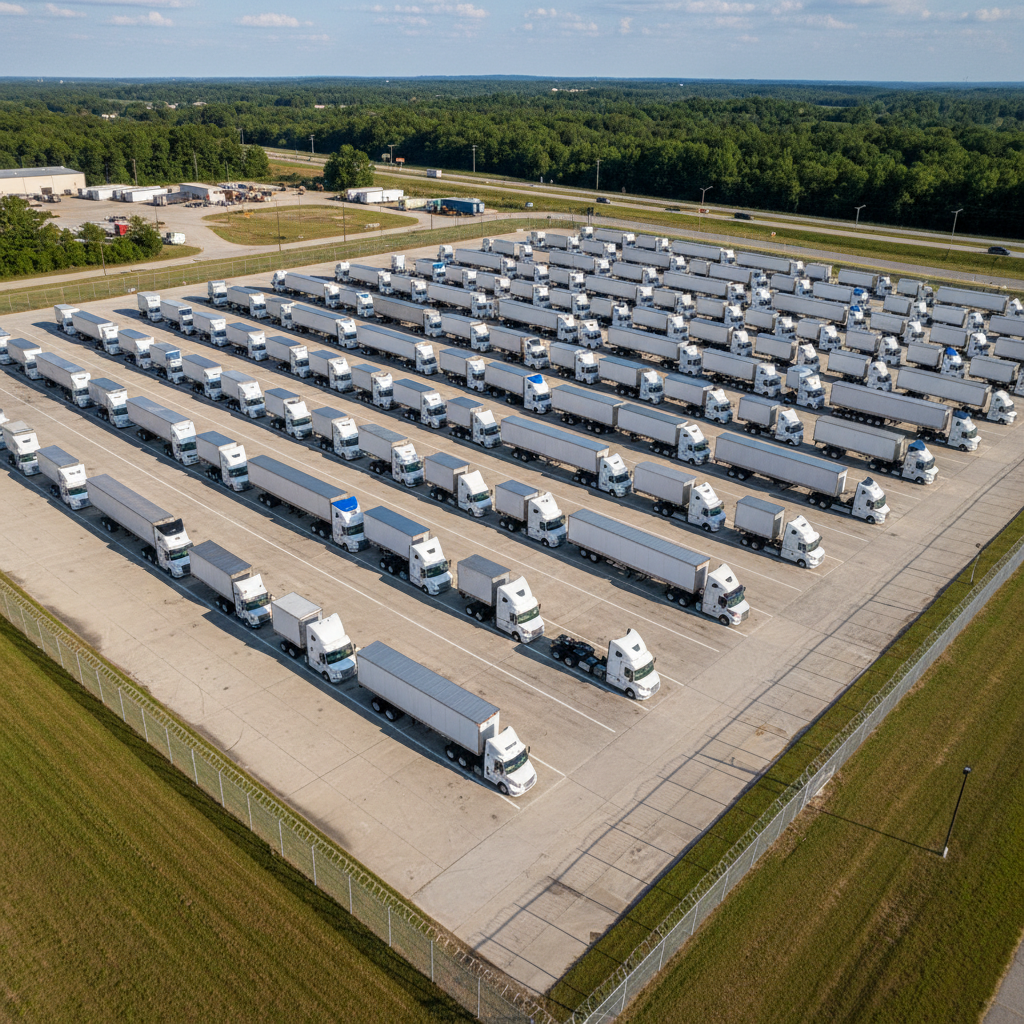 StoreMyTruck secure parking facility with multiple trucks